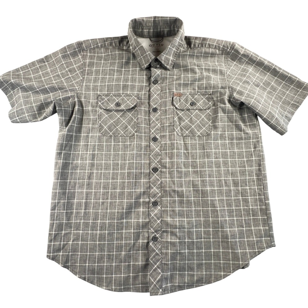 Orvis Mens Short Sleeve Plaid Button Up Shirt Grey White XL Mesh Lined Utility‎